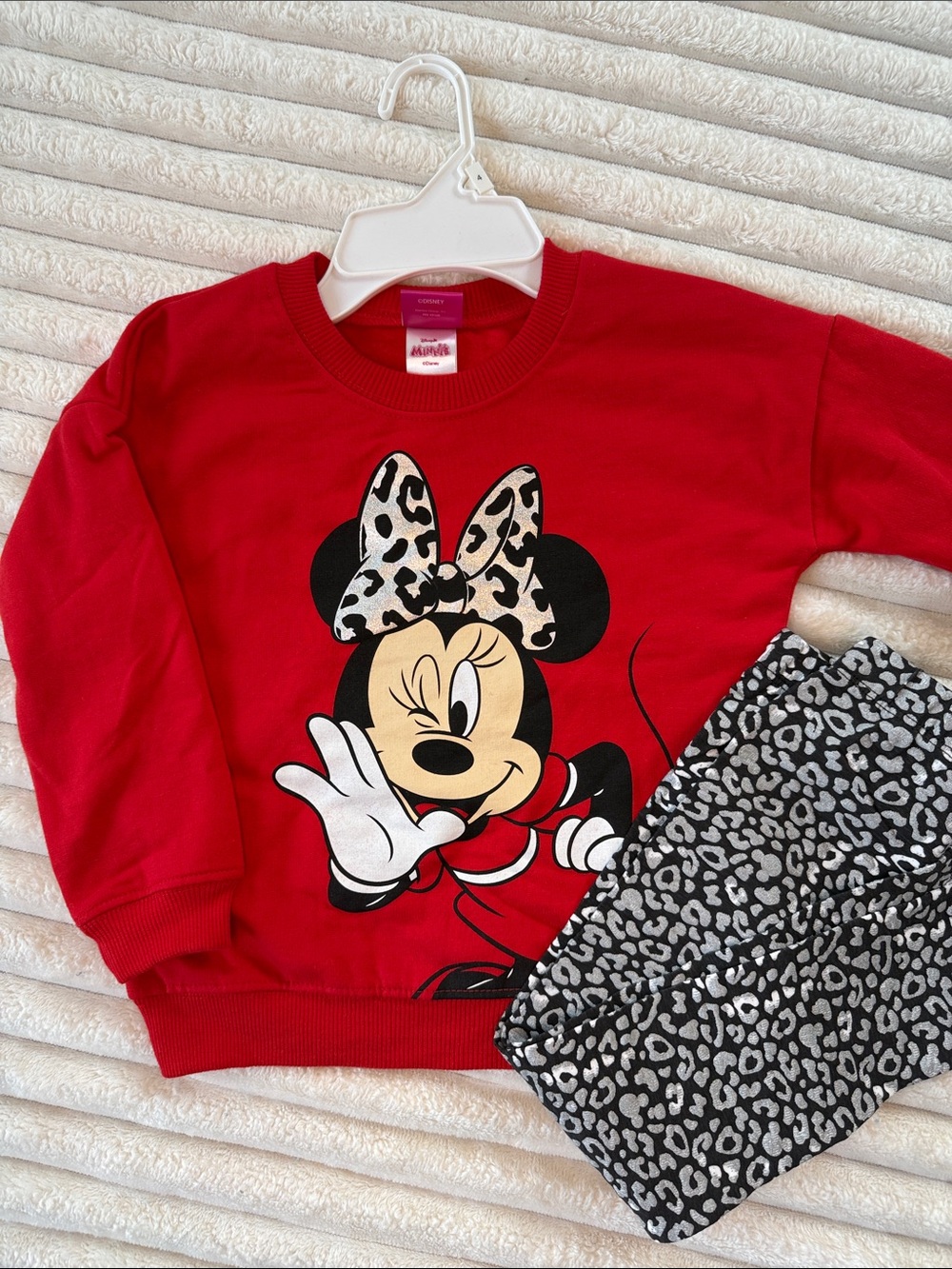 Disney Red Minnie Mouse Sweatshirt with Black & White Leopard Leggings
